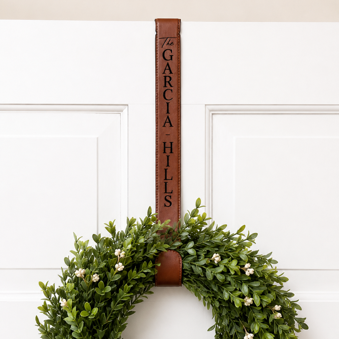 Personalized Leatherette Wreath Hanger – Custom Engraved Over-the-Door Wreath Holder