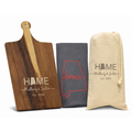 Personalized Kitchen Gift Set | Acacia Cutting Board, Towel & Wine Bag