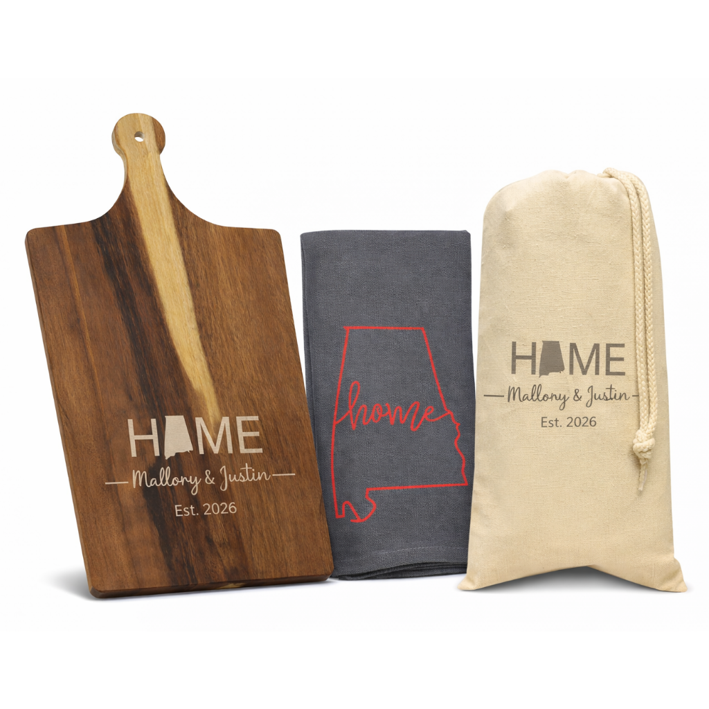 Personalized Kitchen Gift Set | Acacia Cutting Board, Towel & Wine Bag