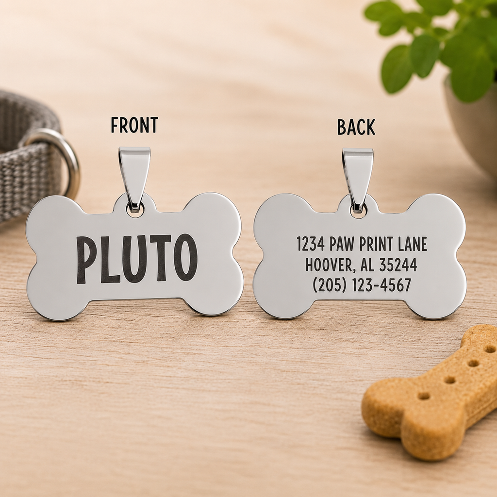 Personalized Bone-Shaped Stainless Steel Dog ID Tag – Custom Engraved Front & Back