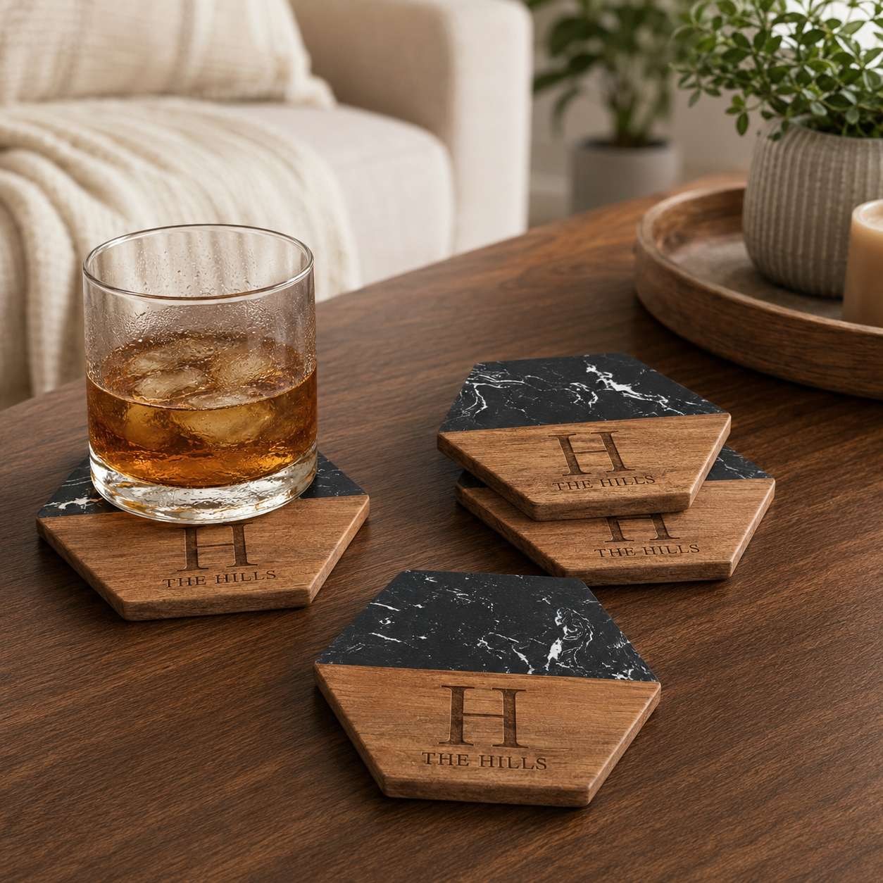 Personalized Marble & Wood Coaster Set – Custom Engraved, Set of 4