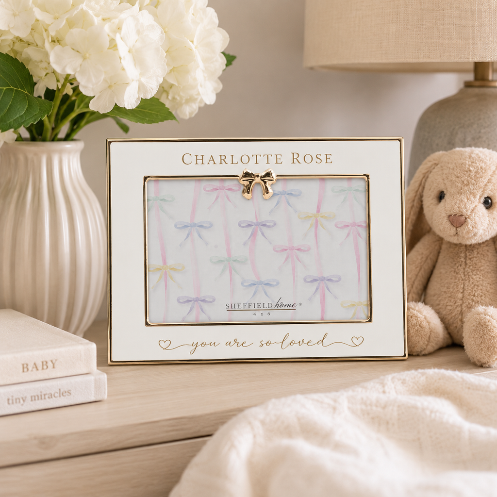 Personalized 4x6 White & Gold Bow Picture Frame | Elegant Baby Keepsake Photo Frame