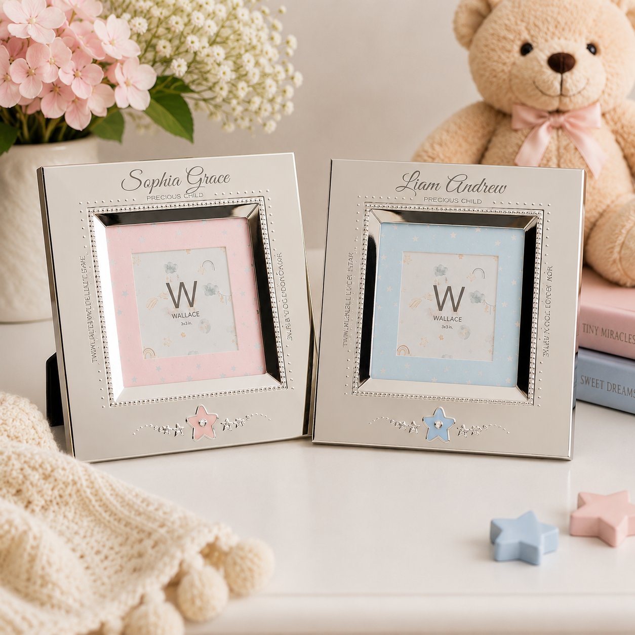 Personalized Nickel-Plated Baby Star Picture Frame – Pink or Blue | 3x3 Keepsake Photo Frame