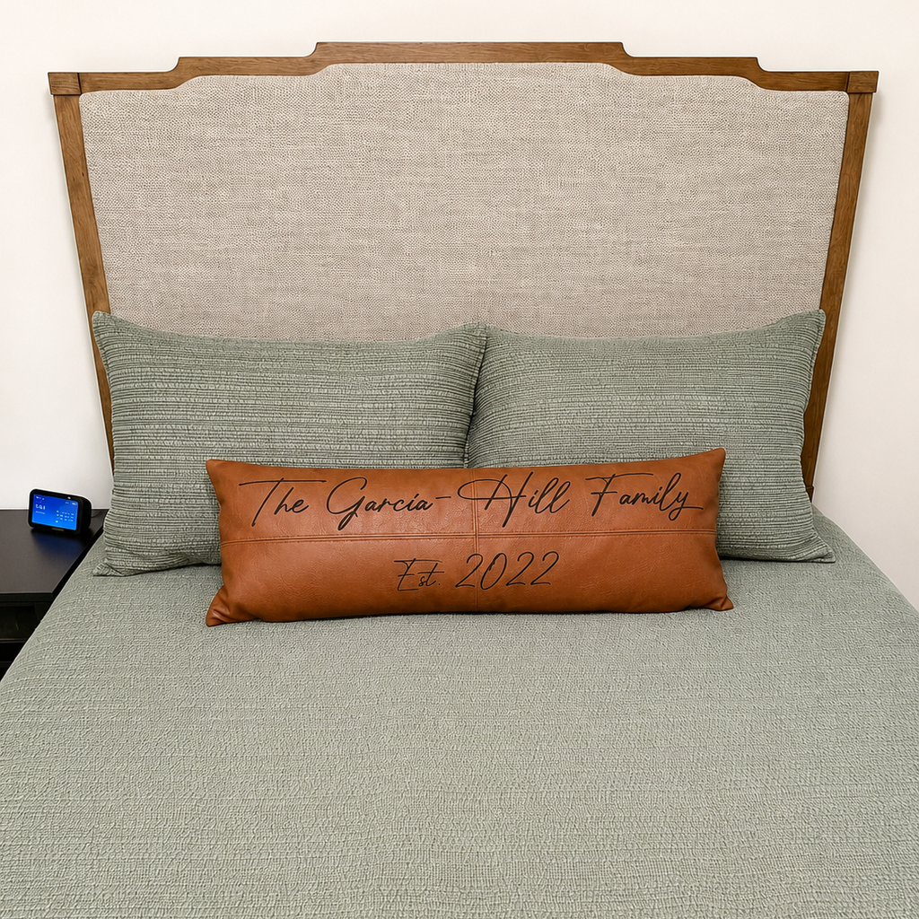 Custom Engraved Faux Leather Lumbar Pillow | Personalized 12" x 36" Family Name Pillow