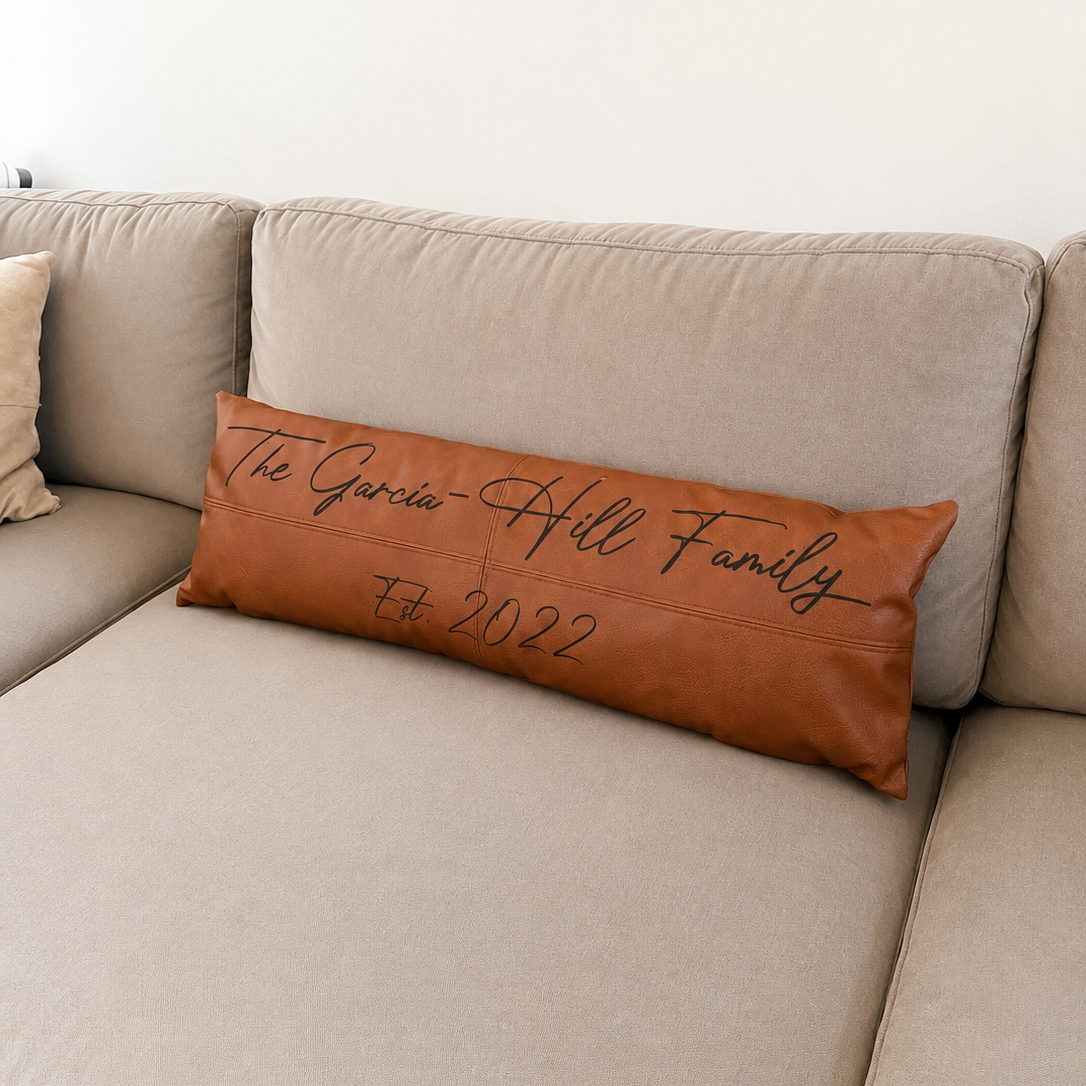Custom Engraved Faux Leather Lumbar Pillow | Personalized 12" x 36" Family Name Pillow