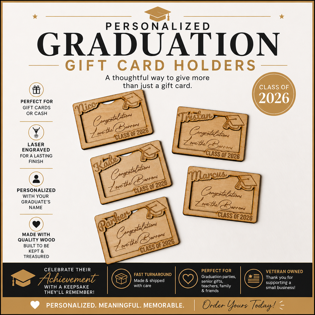Personalized Graduation Gift Card Holder | Custom Engraved Wood | Class of 2026 Keepsake