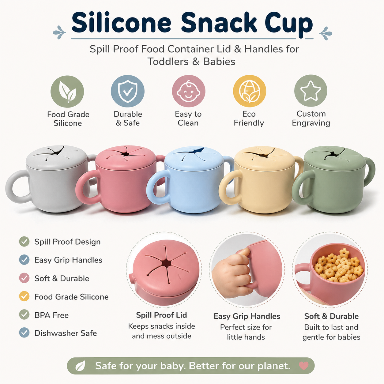 Personalized Silicone Snack Cup for Toddlers | Spill-Proof Snack Container with Handles