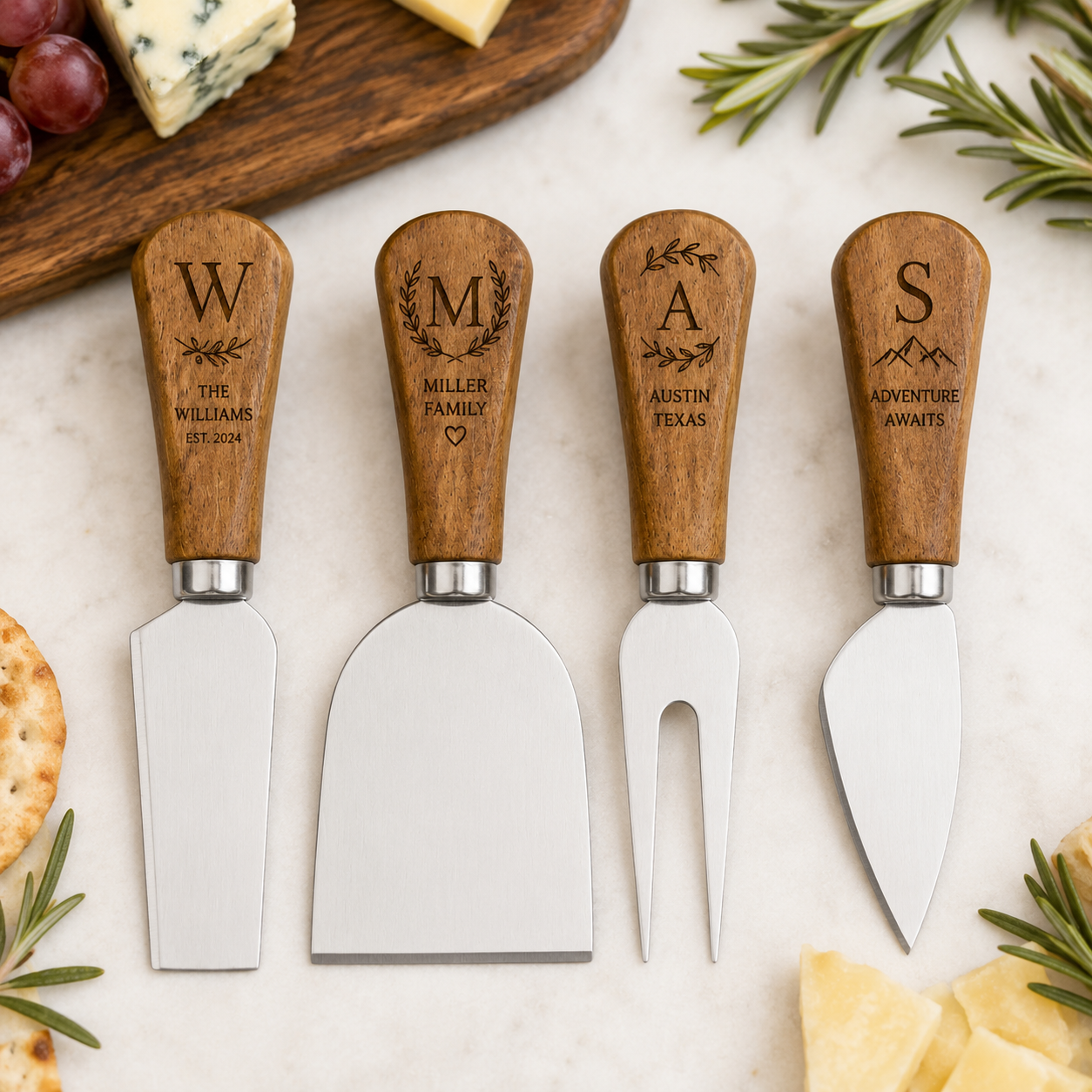 Custom Engraved Cheese Knife Set (Set of 4) | Personalized Charcuterie Accessories