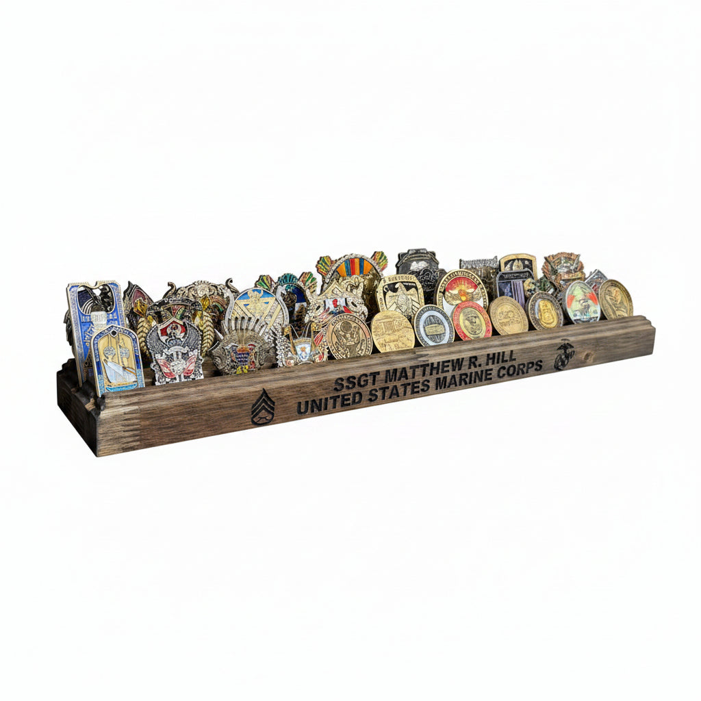 Personalized Challenge Coin Display | Custom Military Coin Holder | Engraved Service Coin Rack | Veteran Gift | Military Keepsake