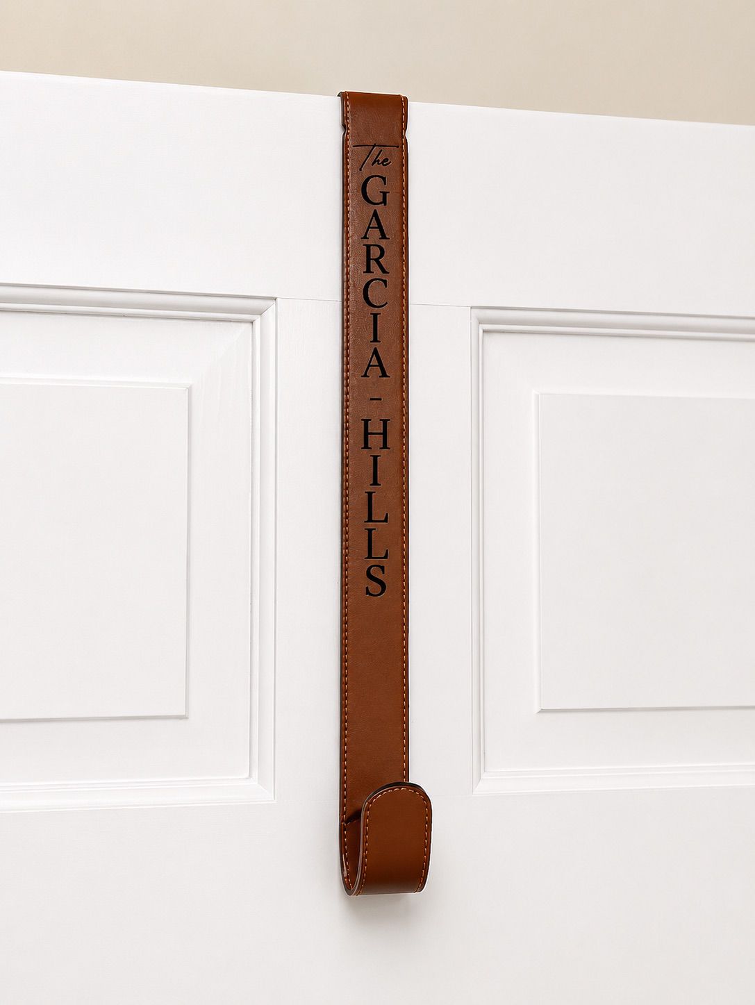 Personalized Leatherette Wreath Hanger – Custom Engraved Over-the-Door Wreath Holder