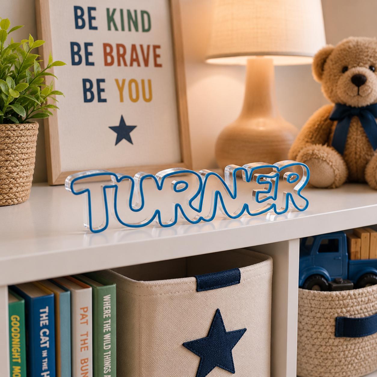 Custom Kids Acrylic Shelf Name | 1/2" Thick Personalized Name Sign | Clear or Colored Border | Nursery, Bedroom & Playroom Décor