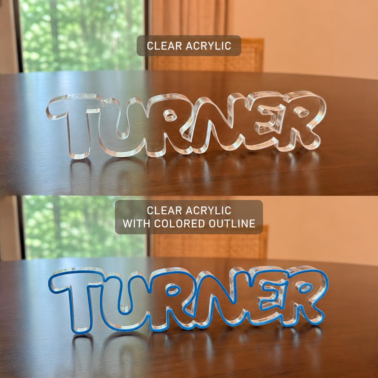 Custom Kids Acrylic Shelf Name | 1/2" Thick Personalized Name Sign | Clear or Colored Border | Nursery, Bedroom & Playroom Décor
