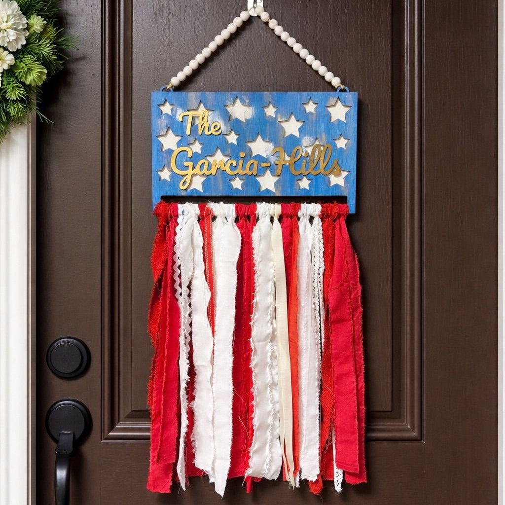 Personalized Stars & Stripes Door Hanger | Custom Patriotic Family Name Sign