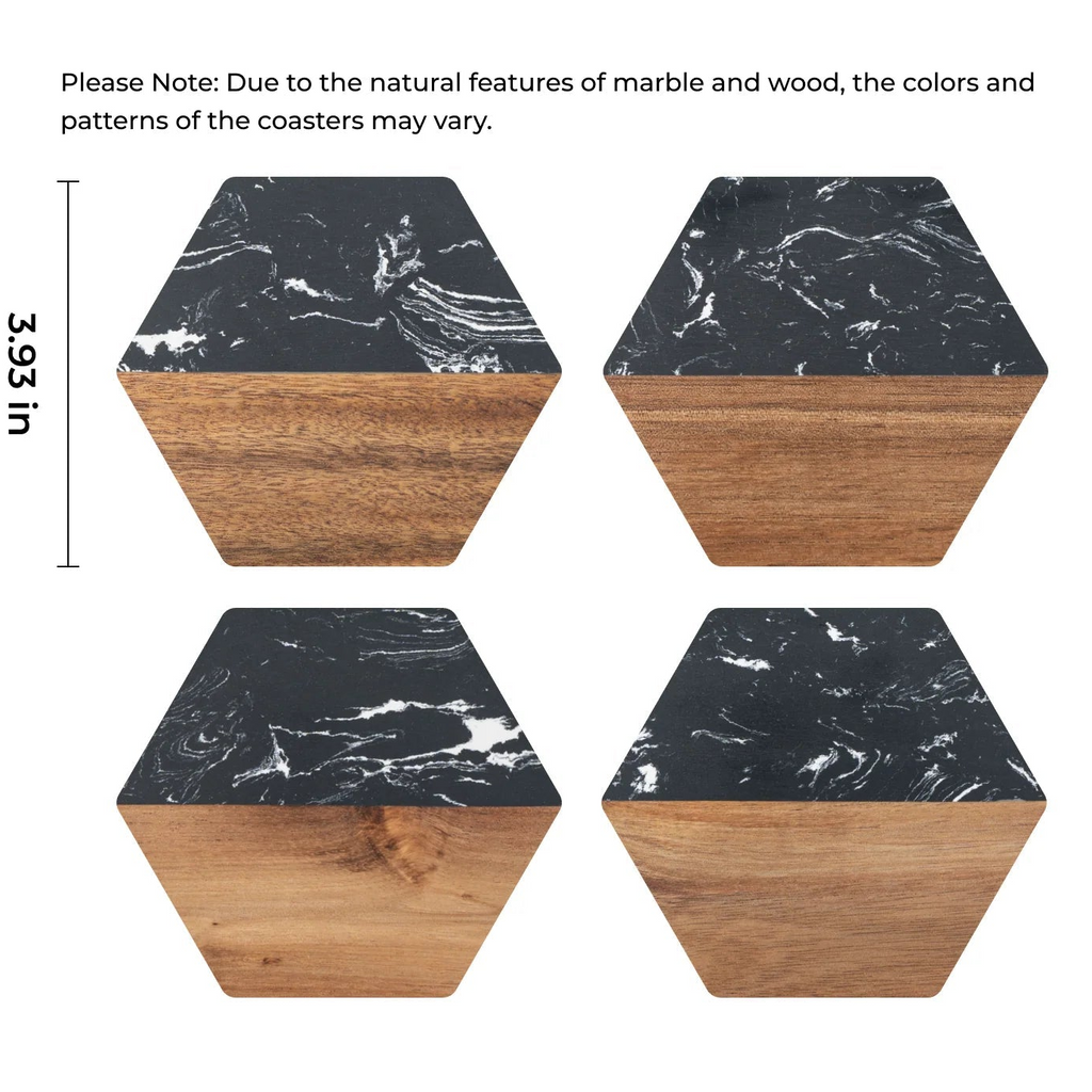 Personalized Marble & Wood Coaster Set – Custom Engraved, Set of 4
