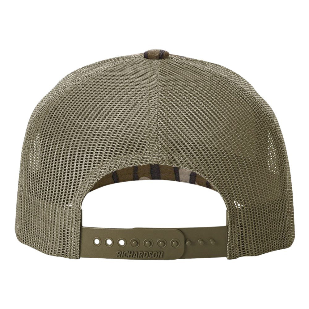 Custom Richardson 112PFP Mossy Oak Bottomland Camo & Loden Hat with Engraved Leather Patch