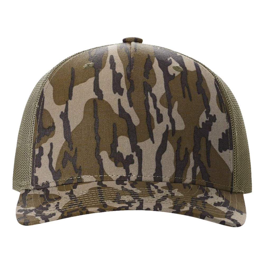 Custom Richardson 112PFP Mossy Oak Bottomland Camo & Loden Hat with Engraved Leather Patch
