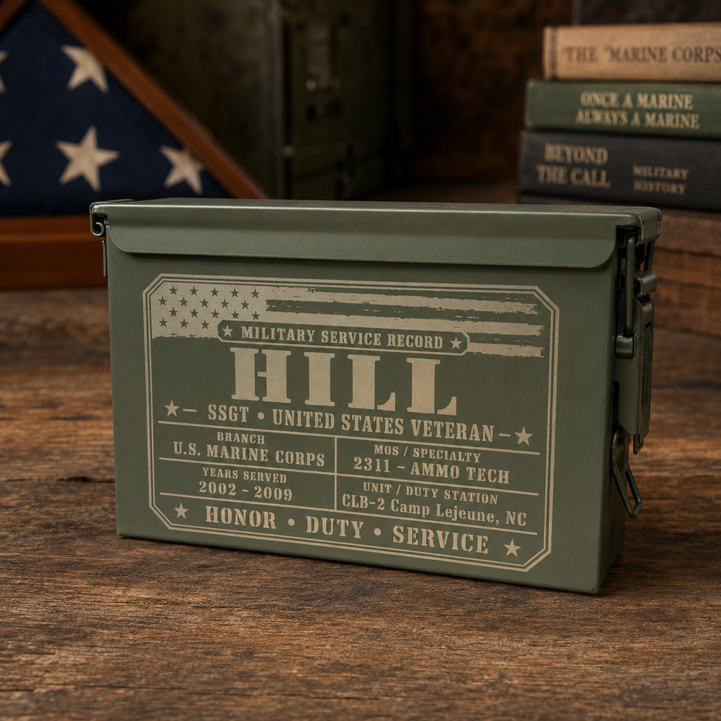 Personalized Engraved Military Ammo Can | Custom Veteran Service Record | Military Retirement Gift | Army, Marine Corps, Navy, Air Force, Coast Guard & Space Force