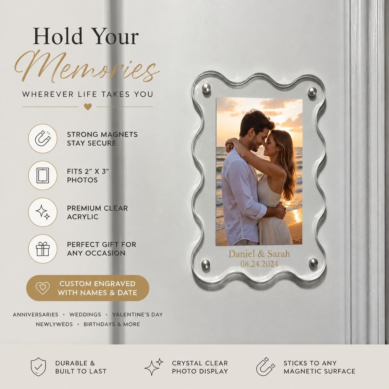 Personalized Magnetic Acrylic Photo Frame | Custom Engraved 2x3 Refrigerator Picture Frame | Anniversary, Wedding & Valentine's Gift