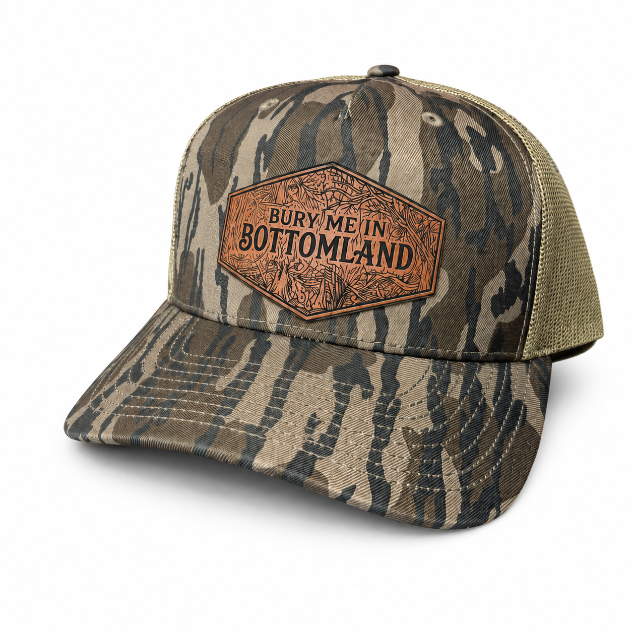 Custom Richardson 112PFP Mossy Oak Bottomland Camo & Loden Hat with Engraved Leather Patch